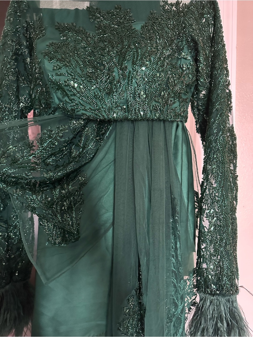 Embellished Dark Green Lehenga Beaded Crop Top with Feather Cuffs - Picture 8 of 8